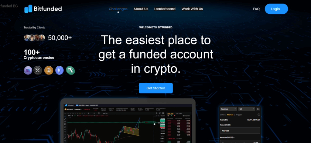 BitFunded homepage displaying pure cryptocurrency prop trading with 2-step evaluation and unlimited time challenges