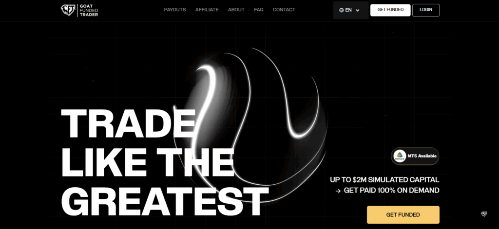 Goat Funded Trader homepage offering monthly salary program and scaling to $6.4M among best crypto prop firms