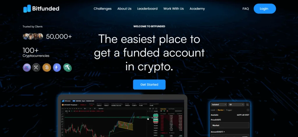 Bitfunded community-focused crypto prop firm interface with 50,000 clients and US accessible trading challenges.