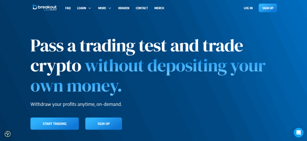 Breakout Prop interface showing Kraken-backed crypto prop firm with instant USDC payouts for US traders.