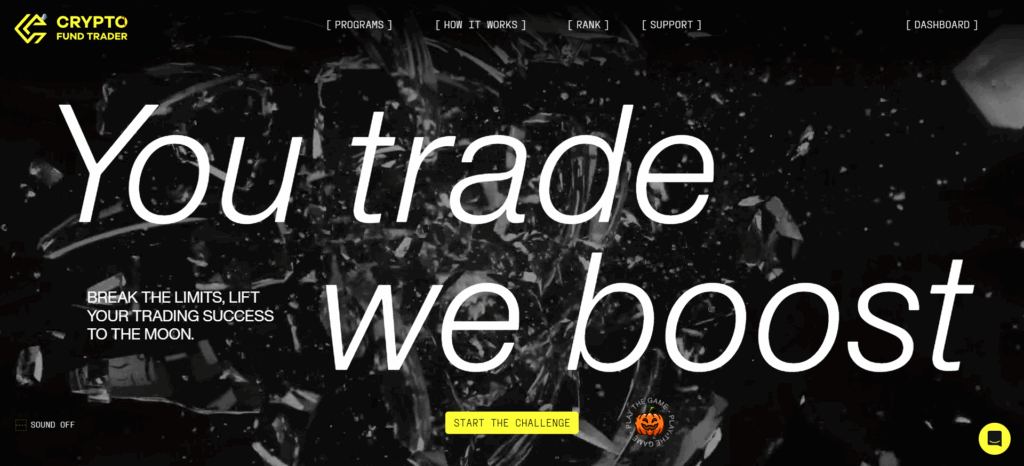 Crypto Fund Trader homepage displaying 715 crypto pairs and Bybit partnership for US crypto prop trading.