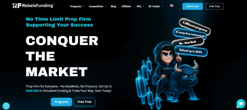 RebelsFunding five-tier evaluation system interface offering instant funding options for crypto prop trading Canada.