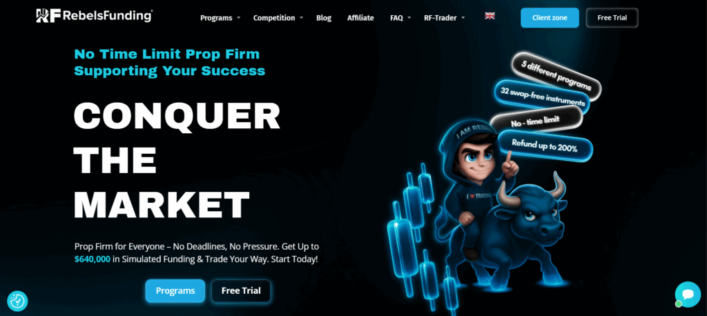 RebelsFunding interface with no time limit challenges and transparent payout tracking for cryptocurrency prop trading.