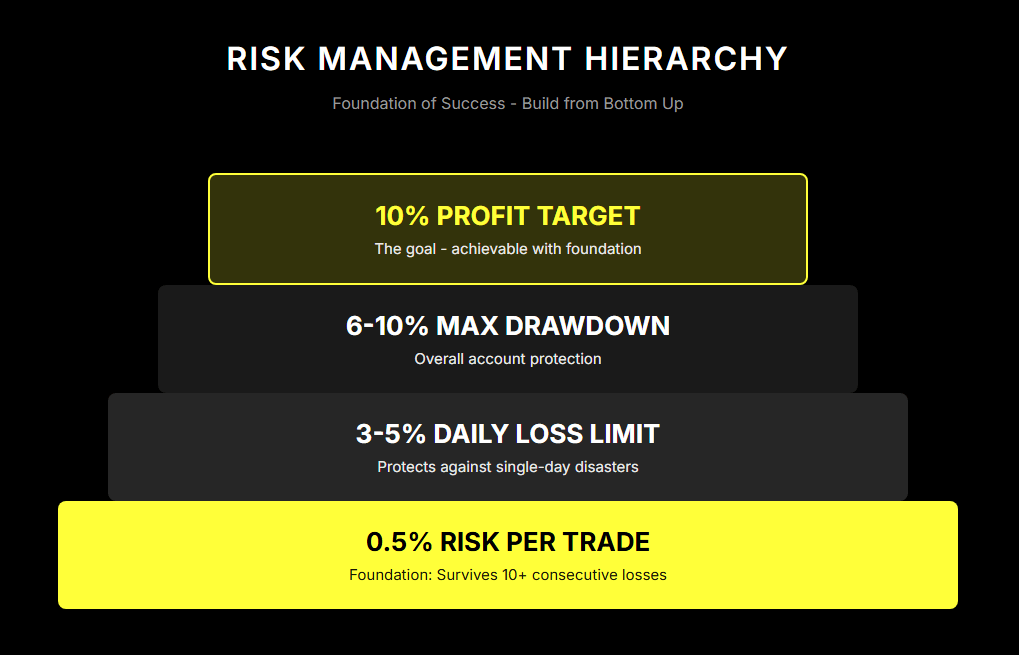 Risk management hierarchy for crypto prop trading showing foundation of 0.5% risk per trade building up to 10% profit target, illustrating proper risk structure