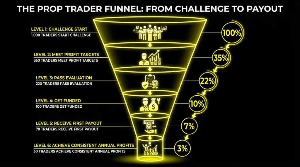 Crypto prop firm success rate funnel showing trader attrition: 1,000 traders start challenge (100%), 350 meet profit targets (35%), 220 pass evaluation (22%), 100 get funded (10%), 70 receive first payout (7%), only 30 achieve consistent annual profits (3%).