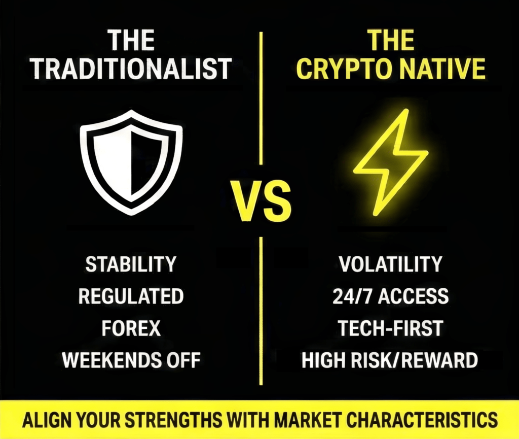 Trader profile comparison: traditionalists prefer stability, regulation, and forex with weekends off; crypto natives embrace volatility, 24/7 access, and high risk/reward opportunities.