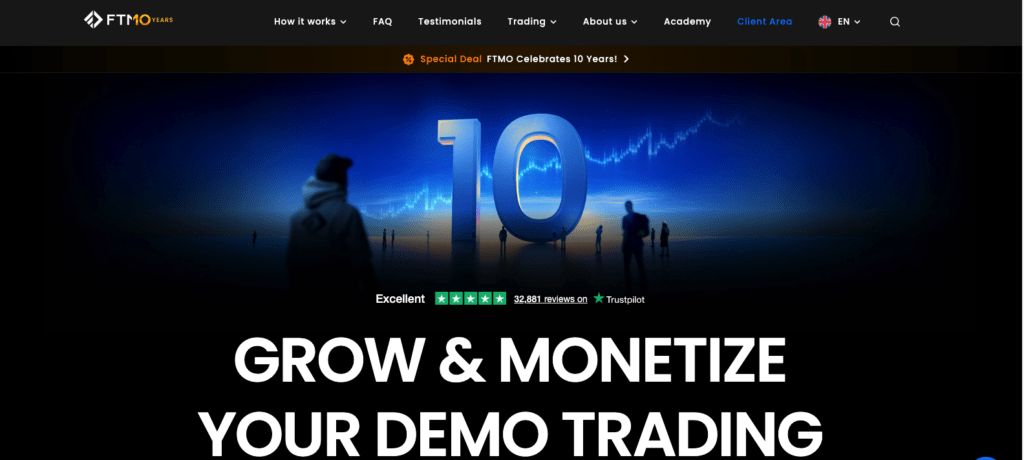 FTMO crypto prop firm homepage displaying two-phase challenge evaluation and MT5 DXtrade platforms for beginners 2025.
