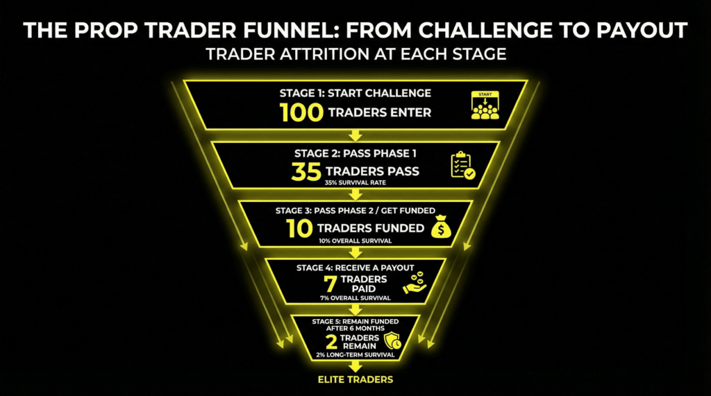 Infographic showing crypto prop firm success rate statistics: out of 100 traders who start a challenge, 35 pass Phase 1 (35% survival), 10 get funded (10% overall), 7 receive a payout (7% survival), and only 2 remain funded after 6 months (2% long-term survival rate).