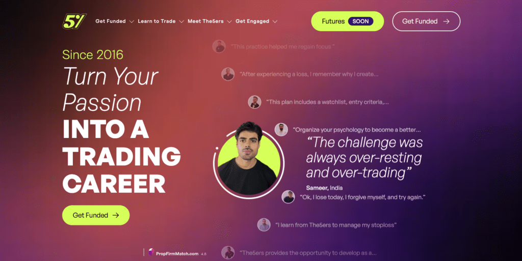 The5ers crypto prop firm for beginners 2025 homepage displaying gradual scaling approach from $5,000 to $4 million funding