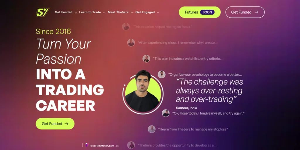 The5ers crypto prop firm for beginners 2025 homepage displaying gradual scaling approach from $5,000 to $4 million funding
