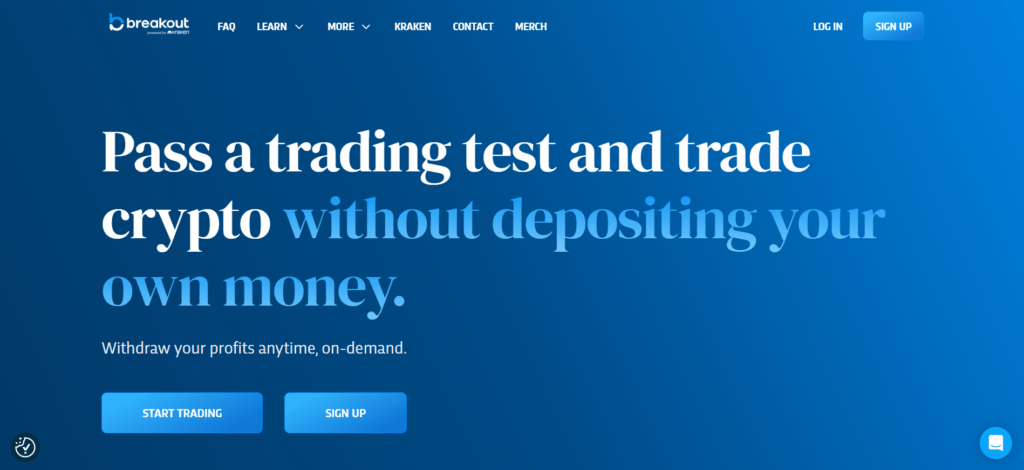 Breakout Prop crypto prop firm interface showing Kraken acquisition and on-demand USDC payout system