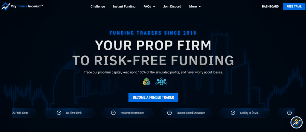 City Traders Imperium homepage displaying fixed absolute drawdown structure for best crypto prop firms