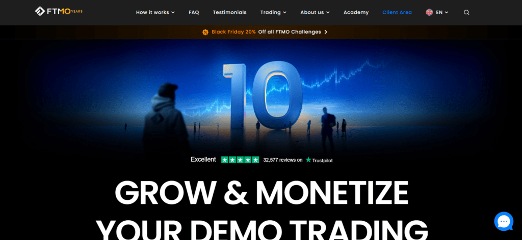FTMO prop trading homepage offering up to 2 million dollar scaling for cryptocurrency traders