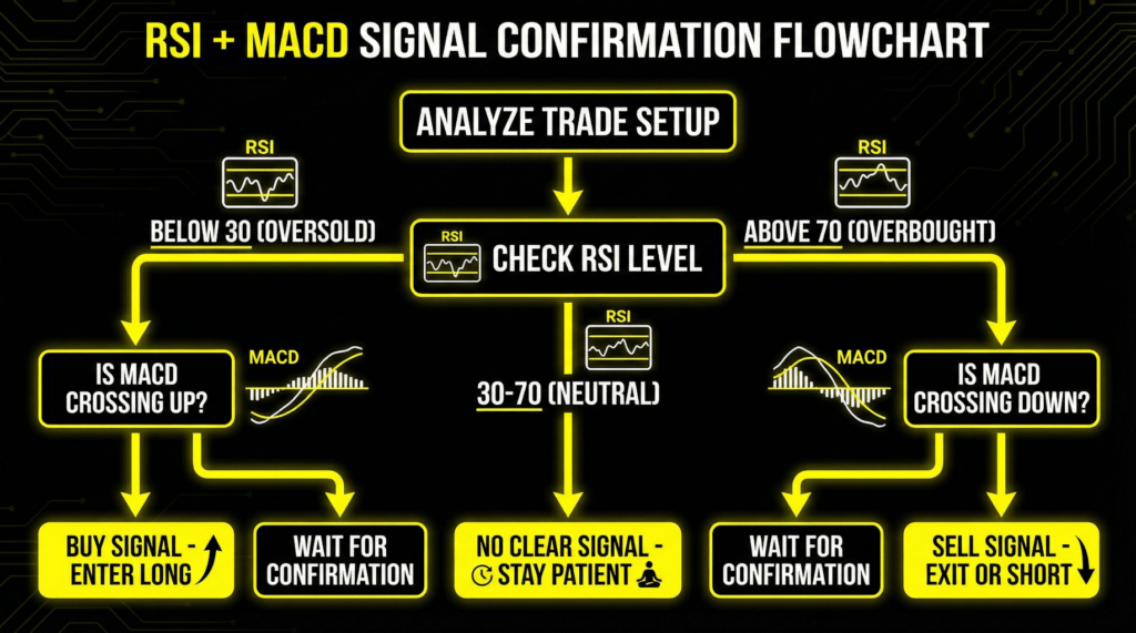 RSI and MACD signal confirmation flowchart showing how to combine technical indicators for crypto trading buy and sell signals.
