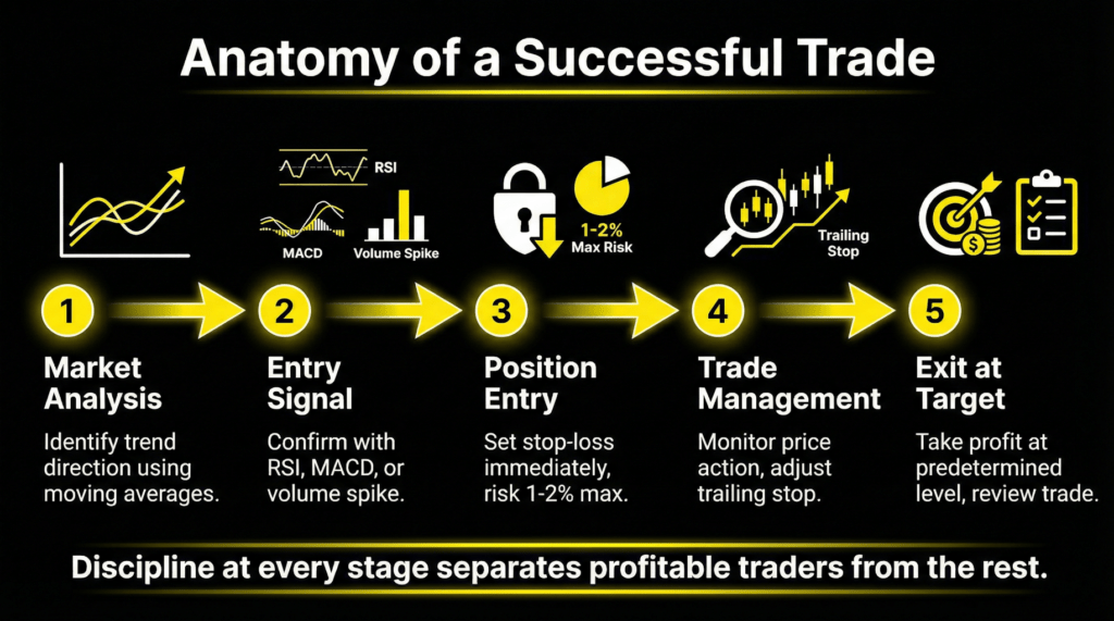 Five-step timeline showing anatomy of a successful crypto trade from market analysis to exit with profit target.