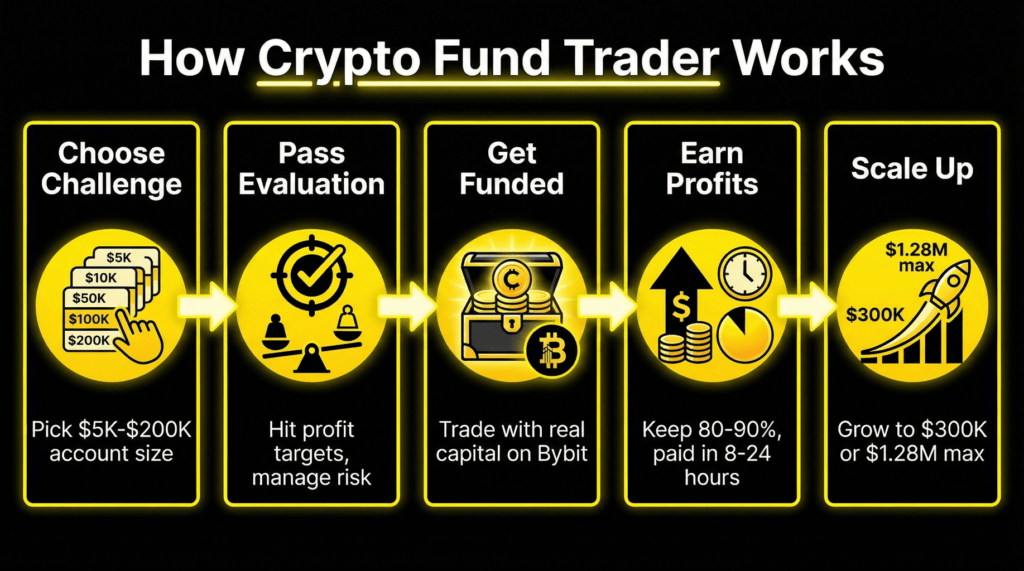 How Crypto Fund Trader works: 5-step process from choosing a challenge to scaling up to $1.28M in funded capital with 80-90% profit split.
