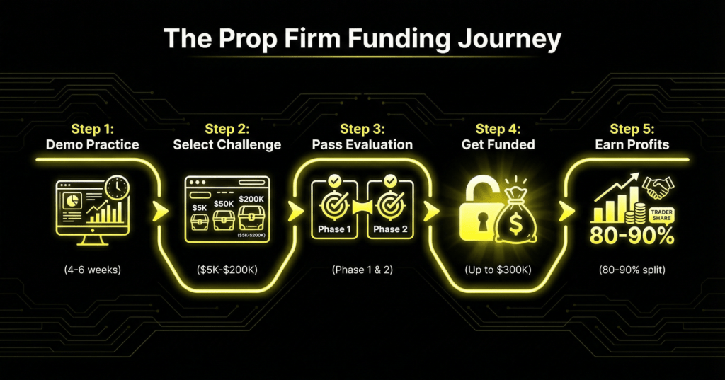 Infographic showing the 5-step prop firm funding journey: Demo Practice (4-6 weeks), Select Challenge ($5K-$200K), Pass Evaluation (Phase 1 & 2), Get Funded (up to $300K), and Earn Profits (80-90% split) - how to start crypto trading with no money.