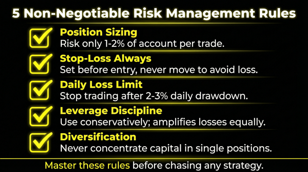 Checklist of five non-negotiable crypto trading risk management rules including position sizing and stop-loss usage.