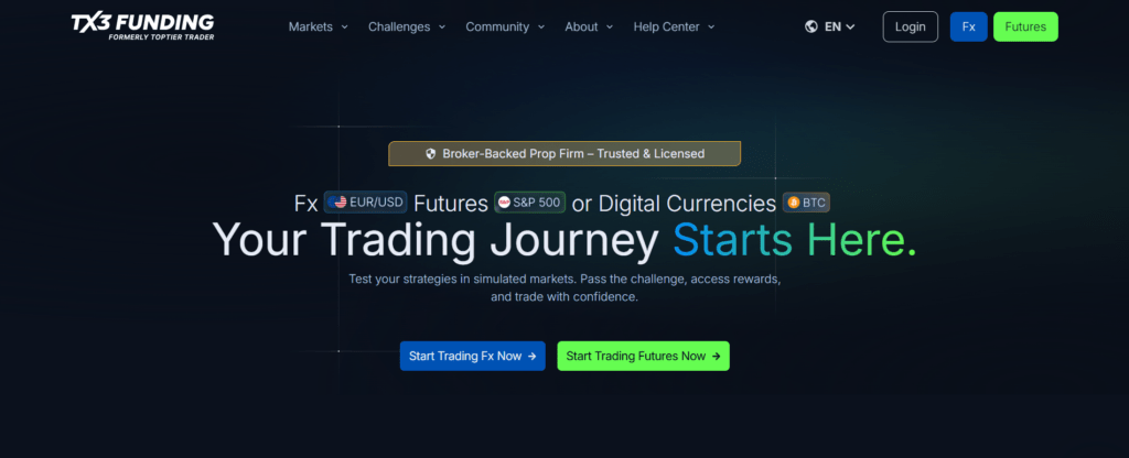 TX3 Funding US-based prop firm with 24-hour crypto payout guarantee and Bitcoin deposits.