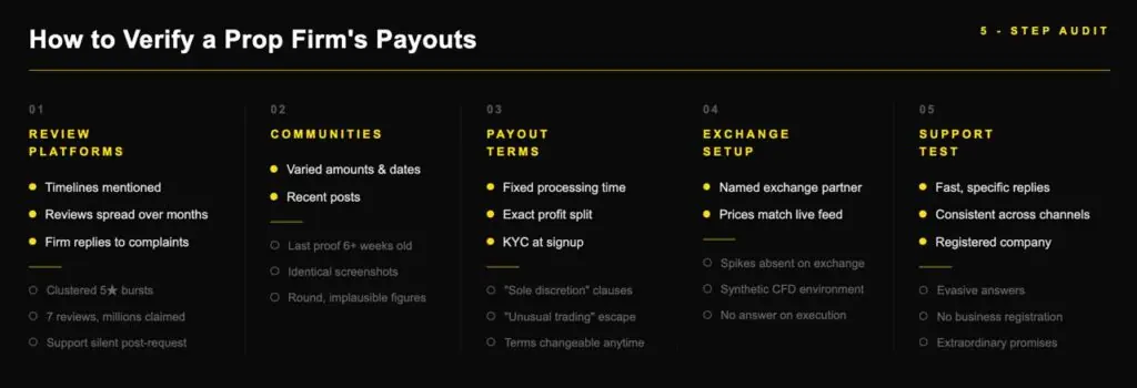 Five-step visual checklist for verifying crypto prop firm payout reliability before signing up and paying evaluation fees