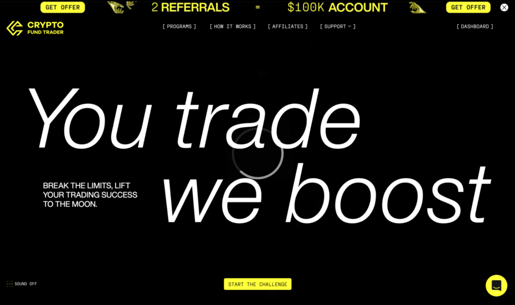 Crypto Fund Trader homepage showing crypto prop trading challenge options, account sizes, and a Bybit strategic partnership banner.