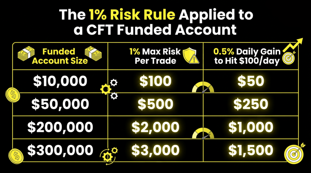 Table showing the 1% risk rule applied to CFT funded accounts: a $10,000 account allows $100 max risk per trade; a $300,000 account allows $3,000 — with 0.5% daily gain needed to make $100 per day at each account size.