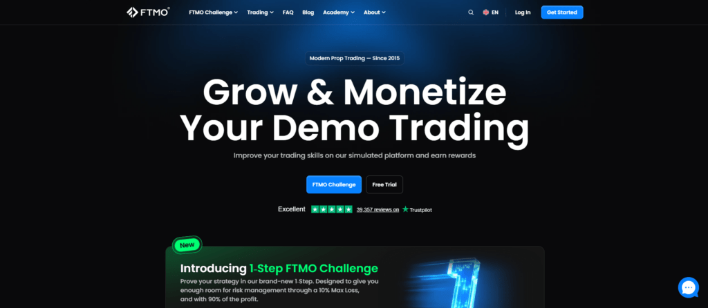 FTMO homepage featuring 39,000+ Trustpilot reviews and the new 1-Step Challenge with 90% profit split — established prop trading firm operating since 2015 with demo-based funded accounts.