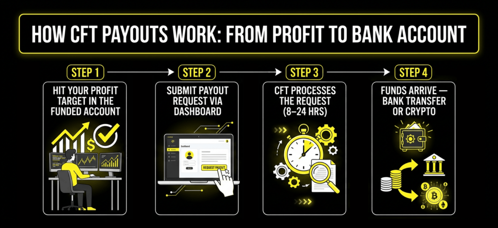 Step-by-step infographic showing how Crypto Fund Trader payouts work: from hitting a profit target to receiving funds via bank transfer or crypto in 8–24 hours.