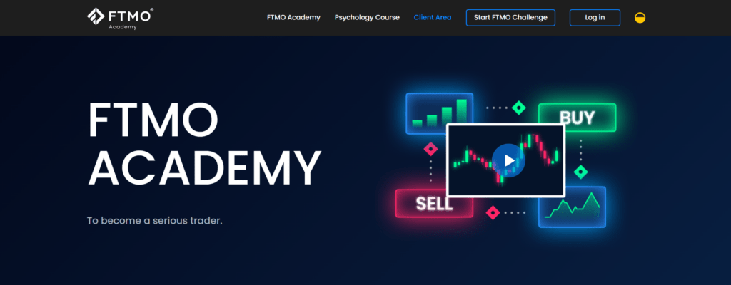 FTMO Academy homepage with trading charts and the tagline "To become a serious trader" — a leading prop trading education platform.