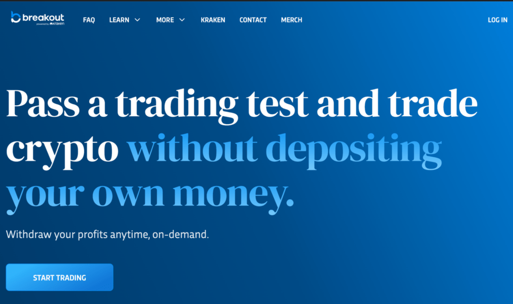 Breakout prop trading homepage with Kraken exchange partnership branding, challenge tiers, and crypto trading pair listings.