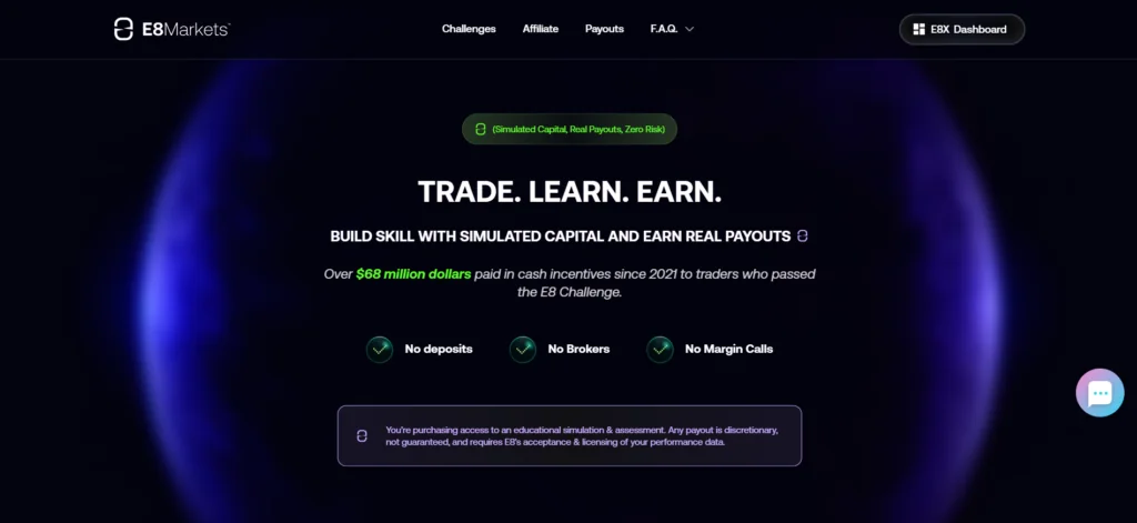 E8 Markets homepage displaying $68 million in total trader payouts since 2021, with simulated capital challenges across forex, futures, and crypto from their US-based prop trading platform.