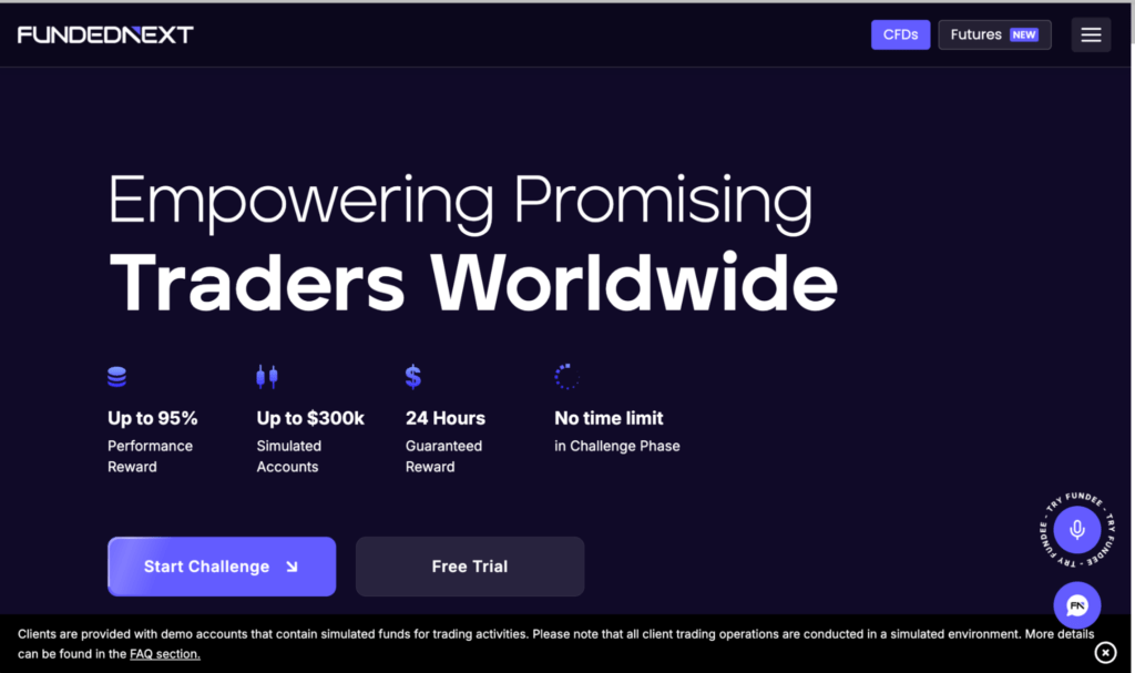 FundedNext website showing challenge models, profit share from the first day feature, and multi-asset trading dashboard.