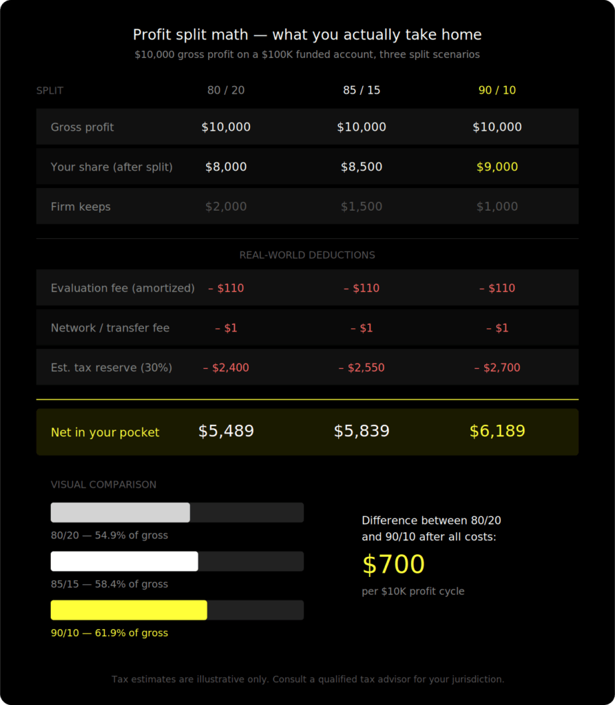 Comparison table showing net take-home pay from a $10,000 gross profit across three crypto prop firm profit split scenarios — 80/20, 85/15, and 90/10 — after subtracting evaluation fees, network transfer fees, and an estimated 30% tax reserve, with final net amounts of $5,489, $5,839, and $6,189 respectively.