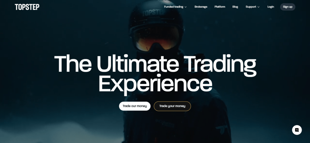 Topstep futures prop firm homepage with "The Ultimate Trading Experience" headline — CME-regulated futures prop trading firm founded in 2012 offering Micro Bitcoin futures funded accounts.