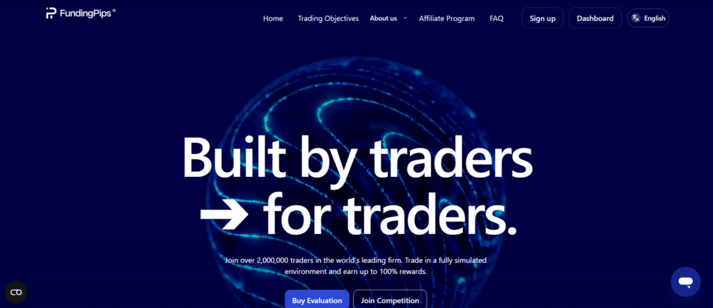 FundingPips homepage with "Built by traders for traders" headline, highlighting 2,000,000+ traders and up to 100% rewards in a simulated trading environment.
