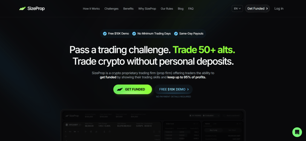 SizeProp crypto prop firm homepage showing free $10K demo, no minimum trading days, same-day payouts, and access to 50+ altcoin trading pairs.