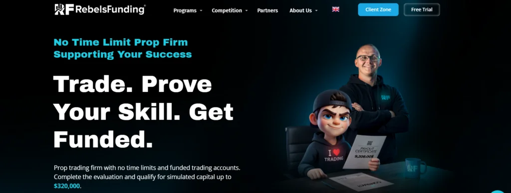 RebelsFunding homepage showing the tagline "Trade. Prove Your Skill. Get Funded." with simulated capital up to $320,000 for cheap crypto prop firm challenges.