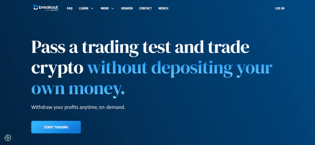 Breakout homepage screenshot, powered by Kraken, showing its "trade crypto without depositing your own money" headline