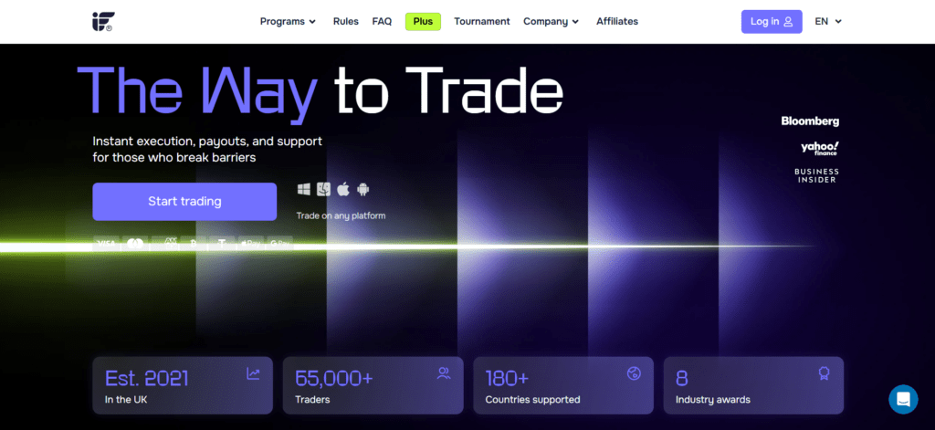 Instant Funding homepage screenshot showing "The Way to Trade" headline and stats for 65,000+ traders in 180+ countries
